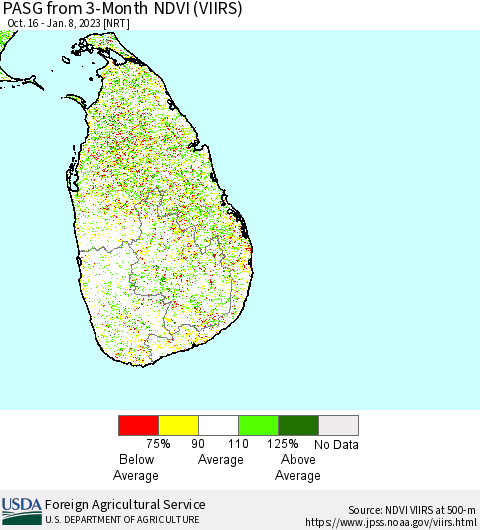 Sri Lanka PASG from 3-Month NDVI (VIIRS) Thematic Map For 1/1/2023 - 1/10/2023