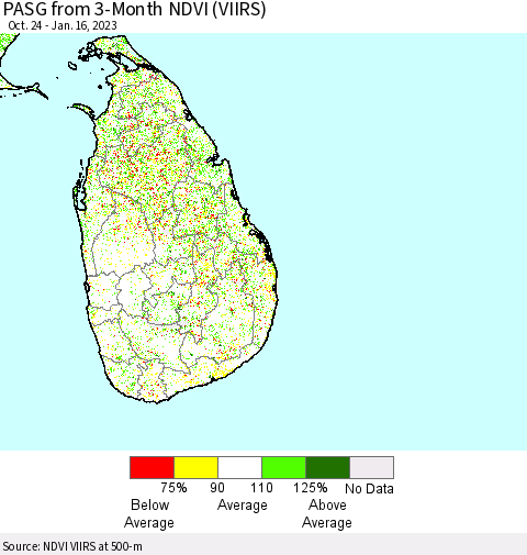 Sri Lanka PASG from 3-Month NDVI (VIIRS) Thematic Map For 1/9/2023 - 1/16/2023