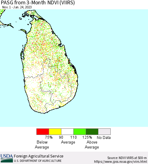 Sri Lanka PASG from 3-Month NDVI (VIIRS) Thematic Map For 1/21/2023 - 1/31/2023