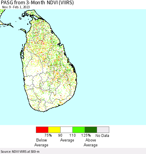 Sri Lanka PASG from 3-Month NDVI (VIIRS) Thematic Map For 1/25/2023 - 2/1/2023