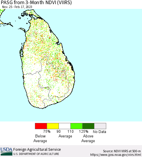 Sri Lanka PASG from 3-Month NDVI (VIIRS) Thematic Map For 2/11/2023 - 2/20/2023