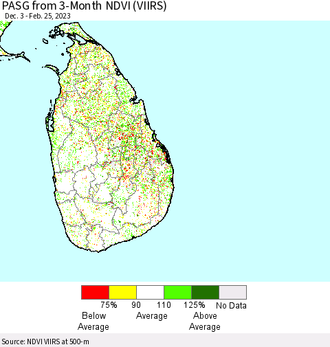 Sri Lanka PASG from 3-Month NDVI (VIIRS) Thematic Map For 2/18/2023 - 2/25/2023