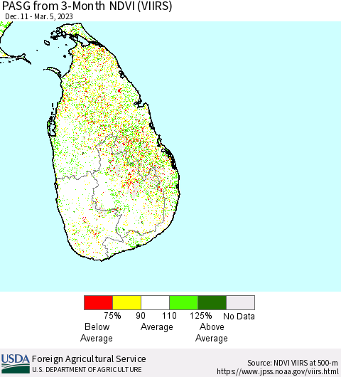 Sri Lanka PASG from 3-Month NDVI (VIIRS) Thematic Map For 3/1/2023 - 3/10/2023