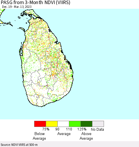 Sri Lanka PASG from 3-Month NDVI (VIIRS) Thematic Map For 3/6/2023 - 3/13/2023