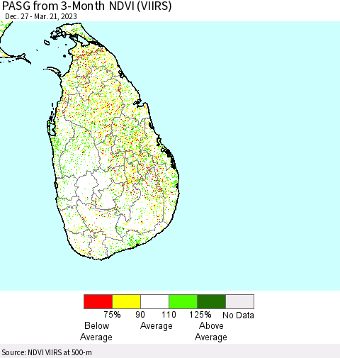 Sri Lanka PASG from 3-Month NDVI (VIIRS) Thematic Map For 3/14/2023 - 3/21/2023