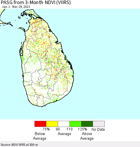 Sri Lanka PASG from 3-Month NDVI (VIIRS) Thematic Map For 3/22/2023 - 3/29/2023