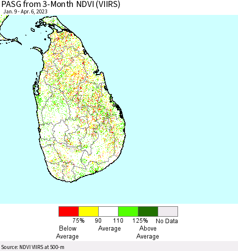 Sri Lanka PASG from 3-Month NDVI (VIIRS) Thematic Map For 3/30/2023 - 4/6/2023