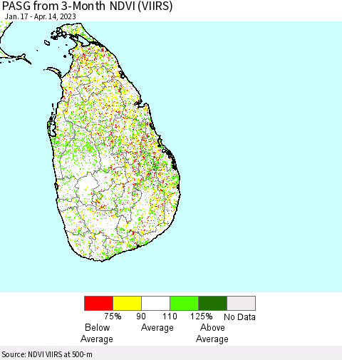 Sri Lanka PASG from 3-Month NDVI (VIIRS) Thematic Map For 4/7/2023 - 4/14/2023