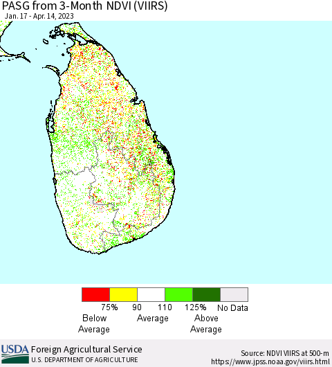 Sri Lanka PASG from 3-Month NDVI (VIIRS) Thematic Map For 4/11/2023 - 4/20/2023