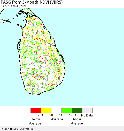 Sri Lanka PASG from 3-Month NDVI (VIIRS) Thematic Map For 4/23/2023 - 4/30/2023