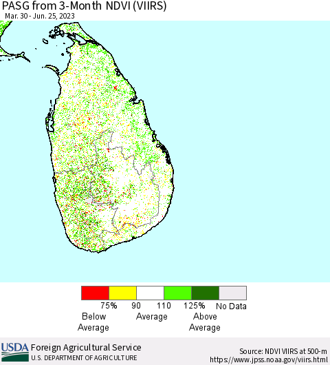 Sri Lanka PASG from 3-Month NDVI (VIIRS) Thematic Map For 6/21/2023 - 6/30/2023