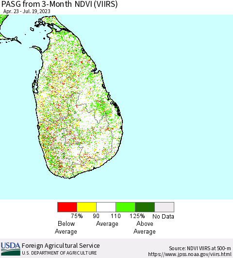 Sri Lanka PASG from 3-Month NDVI (VIIRS) Thematic Map For 7/11/2023 - 7/20/2023