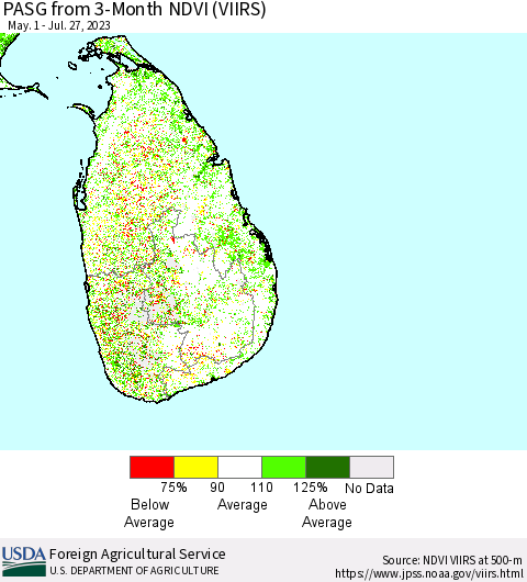 Sri Lanka PASG from 3-Month NDVI (VIIRS) Thematic Map For 7/21/2023 - 7/31/2023