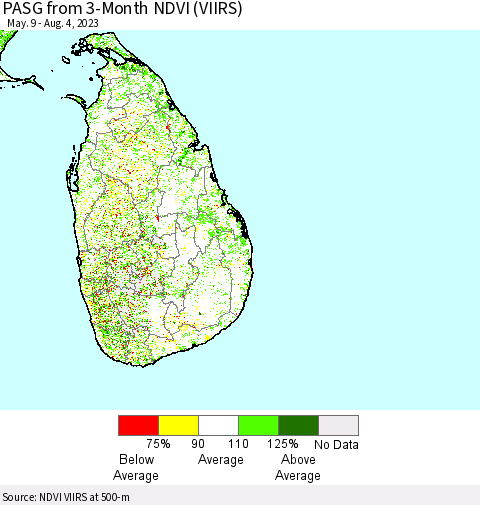 Sri Lanka PASG from 3-Month NDVI (VIIRS) Thematic Map For 7/28/2023 - 8/4/2023