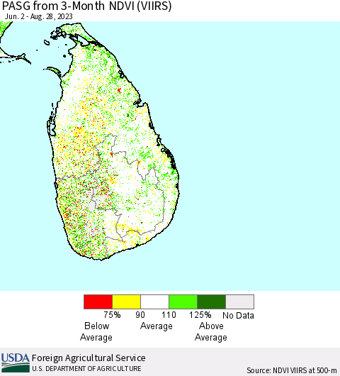 Sri Lanka PASG from 3-Month NDVI (VIIRS) Thematic Map For 8/21/2023 - 8/31/2023