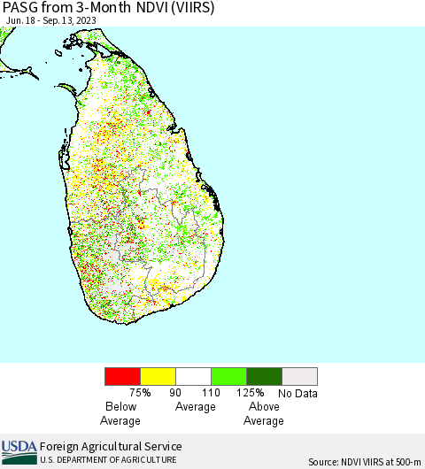 Sri Lanka PASG from 3-Month NDVI (VIIRS) Thematic Map For 9/11/2023 - 9/20/2023