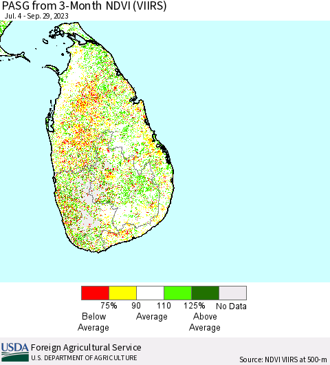 Sri Lanka PASG from 3-Month NDVI (VIIRS) Thematic Map For 9/21/2023 - 9/30/2023