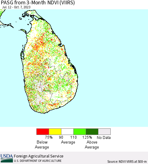 Sri Lanka PASG from 3-Month NDVI (VIIRS) Thematic Map For 10/1/2023 - 10/10/2023