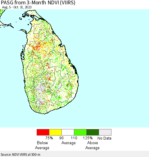 Sri Lanka PASG from 3-Month NDVI (VIIRS) Thematic Map For 10/21/2023 - 10/31/2023