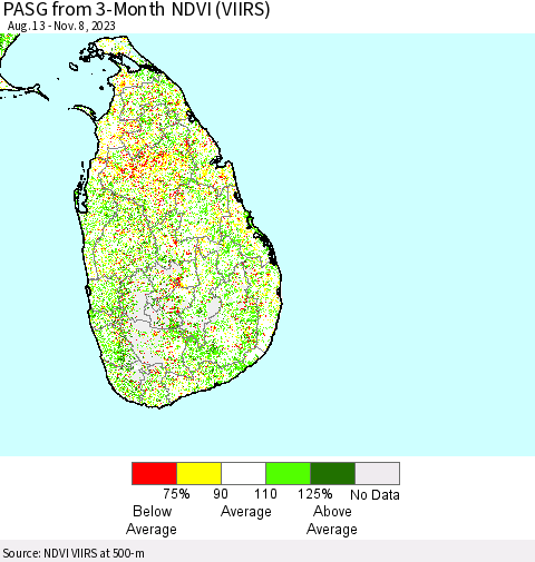 Sri Lanka PASG from 3-Month NDVI (VIIRS) Thematic Map For 11/1/2023 - 11/8/2023