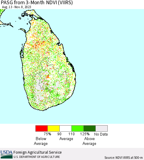 Sri Lanka PASG from 3-Month NDVI (VIIRS) Thematic Map For 11/1/2023 - 11/10/2023