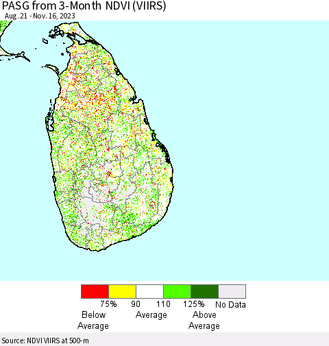 Sri Lanka PASG from 3-Month NDVI (VIIRS) Thematic Map For 11/9/2023 - 11/16/2023