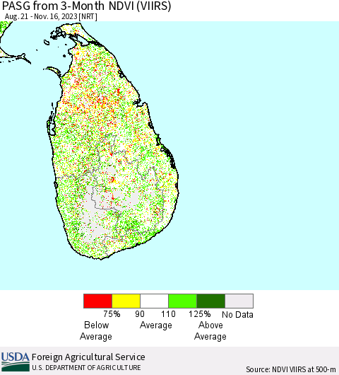 Sri Lanka PASG from 3-Month NDVI (VIIRS) Thematic Map For 11/11/2023 - 11/20/2023