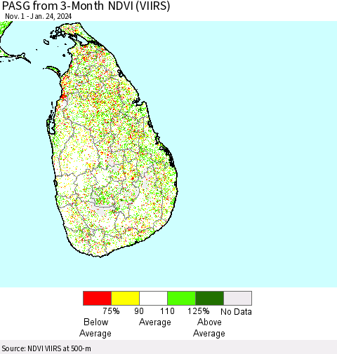 Sri Lanka PASG from 3-Month NDVI (VIIRS) Thematic Map For 1/17/2024 - 1/24/2024