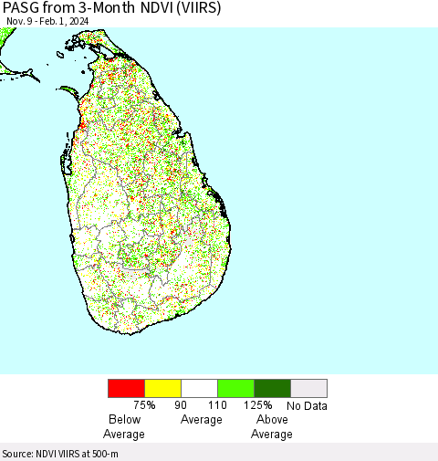 Sri Lanka PASG from 3-Month NDVI (VIIRS) Thematic Map For 1/25/2024 - 2/1/2024