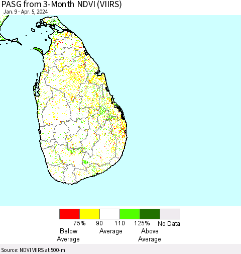 Sri Lanka PASG from 3-Month NDVI (VIIRS) Thematic Map For 3/29/2024 - 4/5/2024