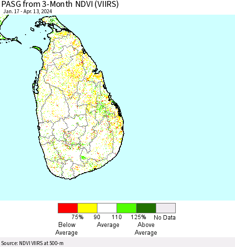 Sri Lanka PASG from 3-Month NDVI (VIIRS) Thematic Map For 4/6/2024 - 4/13/2024