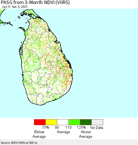 Sri Lanka PASG from 3-Month NDVI (VIIRS) Thematic Map For 3/30/2025 - 4/6/2025