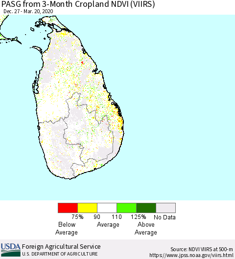 Sri Lanka PASG from 3-Month Cropland NDVI (VIIRS) Thematic Map For 3/11/2020 - 3/20/2020