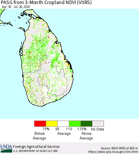 Sri Lanka PASG from 3-Month Cropland NDVI (VIIRS) Thematic Map For 7/21/2020 - 7/31/2020
