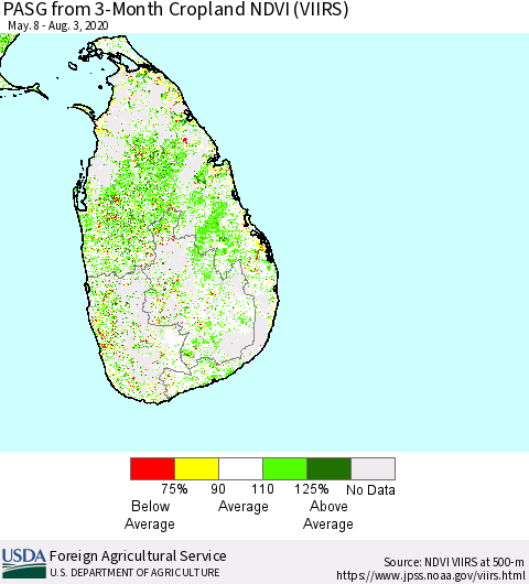Sri Lanka PASG from 3-Month Cropland NDVI (VIIRS) Thematic Map For 8/1/2020 - 8/10/2020
