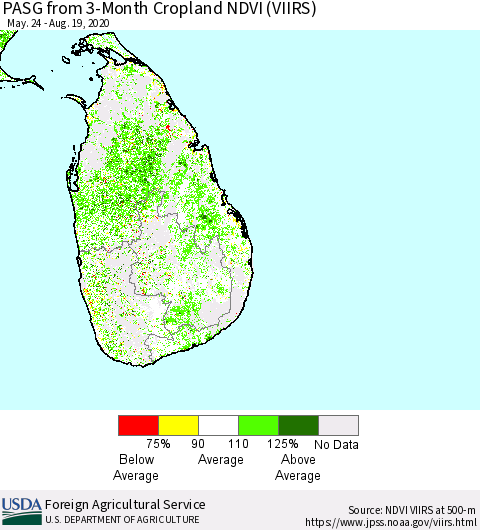 Sri Lanka PASG from 3-Month Cropland NDVI (VIIRS) Thematic Map For 8/11/2020 - 8/20/2020