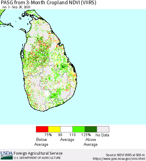 Sri Lanka PASG from 3-Month Cropland NDVI (VIIRS) Thematic Map For 9/21/2020 - 9/30/2020