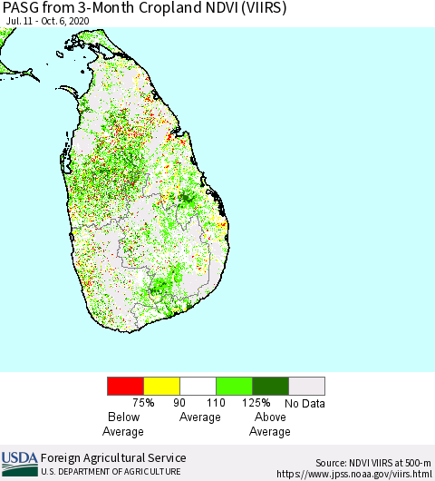 Sri Lanka PASG from 3-Month Cropland NDVI (VIIRS) Thematic Map For 10/1/2020 - 10/10/2020