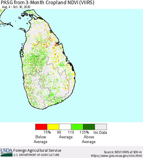 Sri Lanka PASG from 3-Month Cropland NDVI (VIIRS) Thematic Map For 10/21/2020 - 10/31/2020