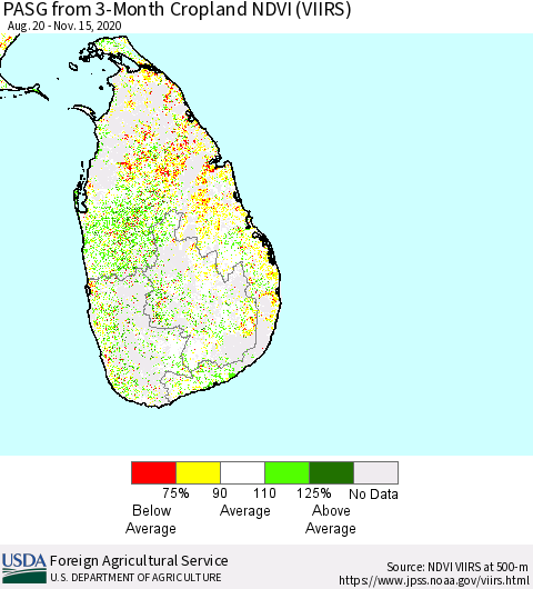 Sri Lanka PASG from 3-Month Cropland NDVI (VIIRS) Thematic Map For 11/11/2020 - 11/20/2020