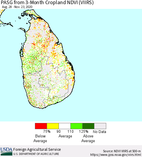 Sri Lanka PASG from 3-Month Cropland NDVI (VIIRS) Thematic Map For 11/21/2020 - 11/30/2020