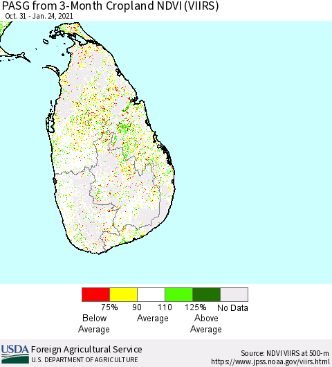 Sri Lanka PASG from 3-Month Cropland NDVI (VIIRS) Thematic Map For 1/21/2021 - 1/31/2021