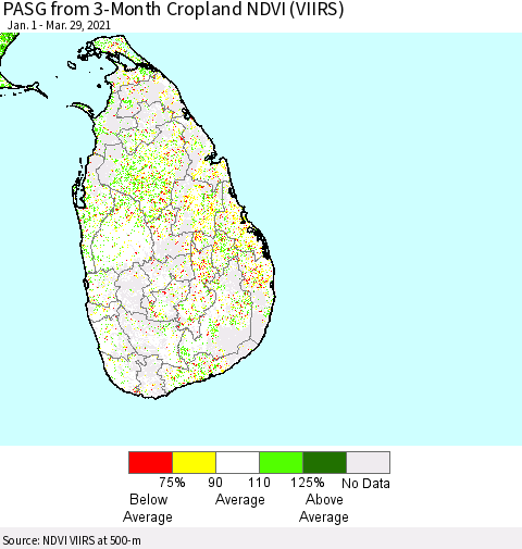 Sri Lanka PASG from 3-Month Cropland NDVI (VIIRS) Thematic Map For 3/22/2021 - 3/29/2021