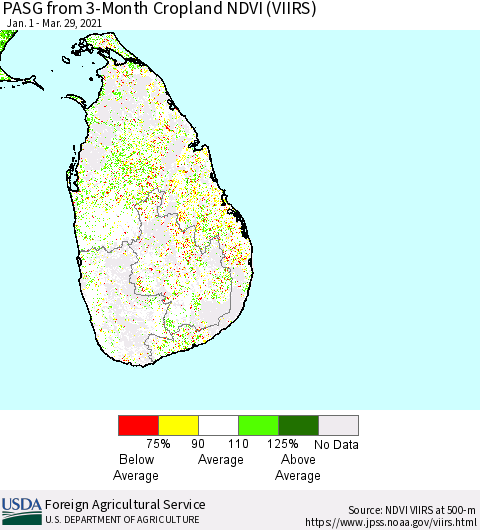 Sri Lanka PASG from 3-Month Cropland NDVI (VIIRS) Thematic Map For 3/21/2021 - 3/31/2021