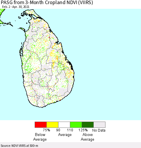 Sri Lanka PASG from 3-Month Cropland NDVI (VIIRS) Thematic Map For 4/21/2021 - 4/30/2021