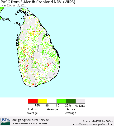 Sri Lanka PASG from 3-Month Cropland NDVI (VIIRS) Thematic Map For 6/11/2021 - 6/20/2021