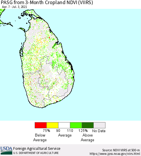Sri Lanka PASG from 3-Month Cropland NDVI (VIIRS) Thematic Map For 7/1/2021 - 7/10/2021