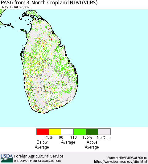 Sri Lanka PASG from 3-Month Cropland NDVI (VIIRS) Thematic Map For 7/21/2021 - 7/31/2021