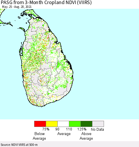 Sri Lanka PASG from 3-Month Cropland NDVI (VIIRS) Thematic Map For 8/11/2021 - 8/20/2021
