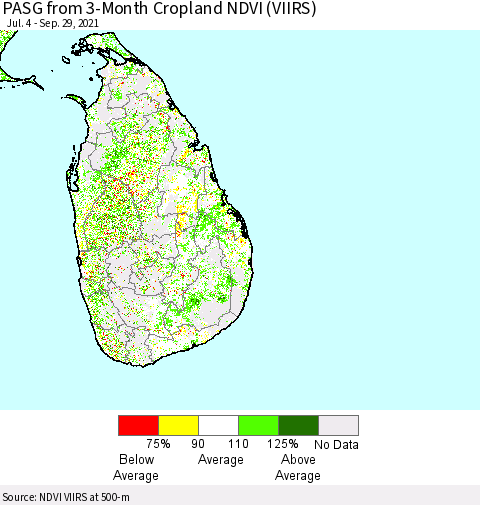 Sri Lanka PASG from 3-Month Cropland NDVI (VIIRS) Thematic Map For 9/22/2021 - 9/29/2021